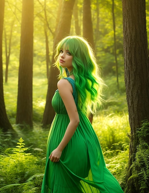 숲에서 고 있는 초록색 여자