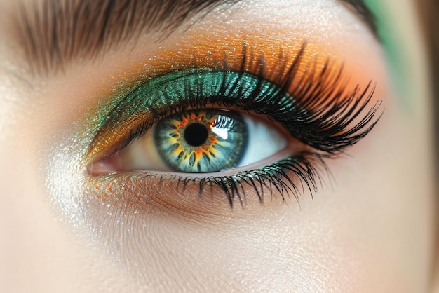 green womans eye with perfect black eyelashes colorful makeup around the eye