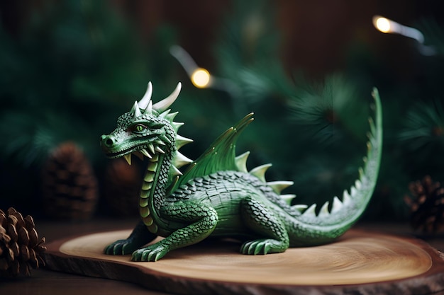 Фото Зеленый деревянный дракон на деревянном столе с рождественской елкой на заднем плане сгенерировано ai