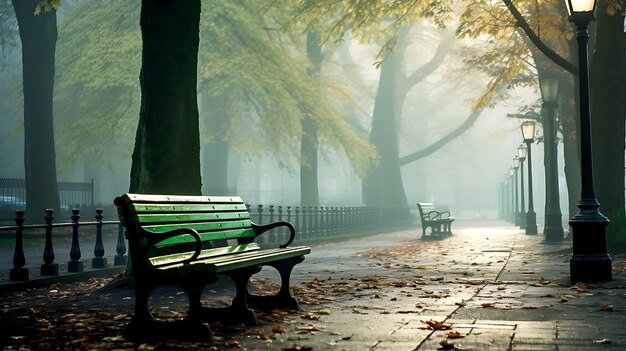 Green wooden benches at a high angle along an empty path covered with dry leaves in a misty autumn city park