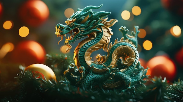 Green wooden chinese dragon symbol of 2024 a dragon against the lights of a christmas tree