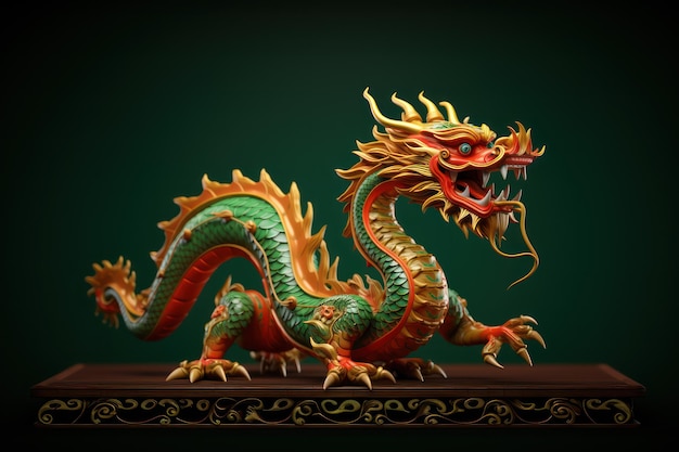 Green wooden dragon 3d art Chinese New Year 2024 Festive 3d illustration in Chinese traditional