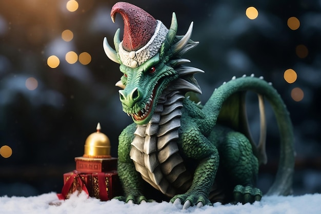 Green wooden dragon near the Christmas tree