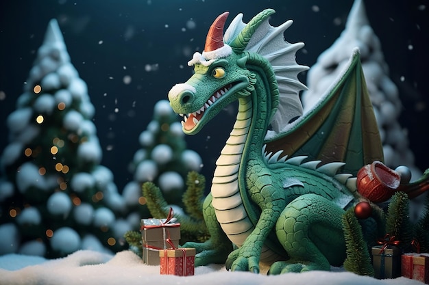 Green wooden dragon near the Christmas tree