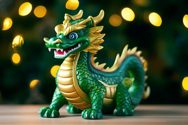 緑の木製のドラゴンのおもちゃ、クリスマスの背景に新年のかわいい兆候