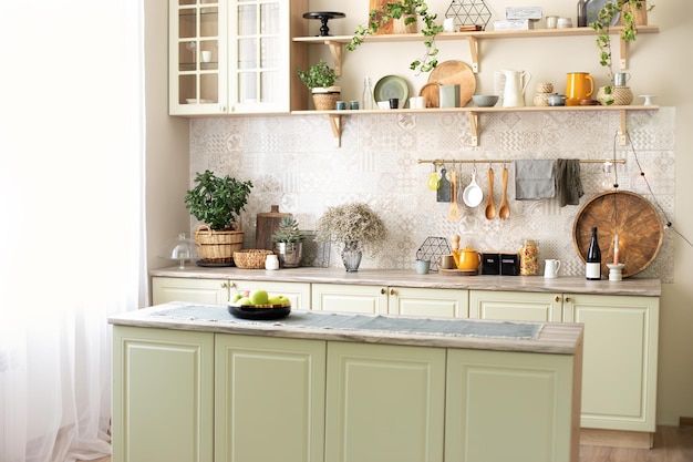 Green wooden kitchen interior with wooden shelf and cozy decoration