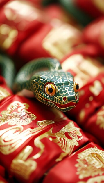 green wooden snake on red background for chinese new year festivities zodiac concept