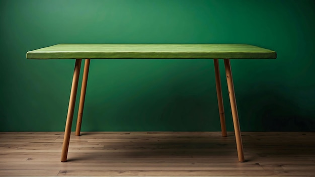 Green wooden table on a green background 3d rendering Front view