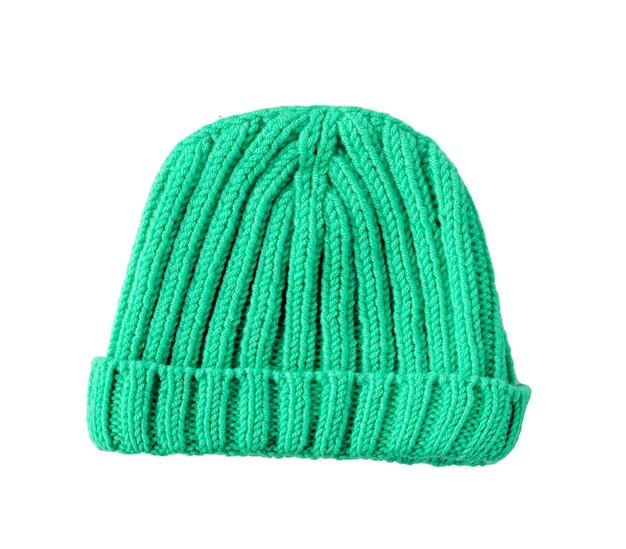 Green woolen winter hat isolated on white background