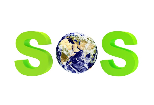 Green word SOS with planet Earth.