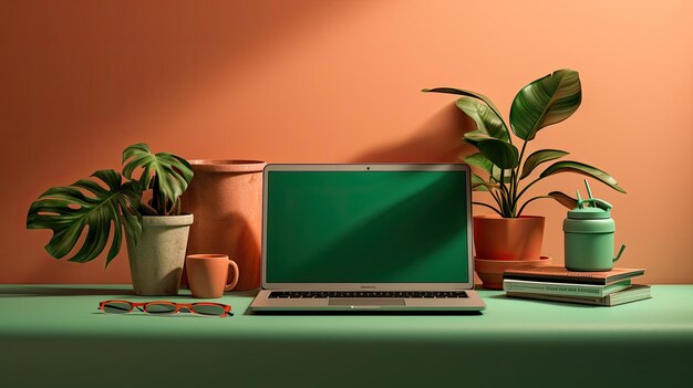 Green workstation laptop photo realistic illustration