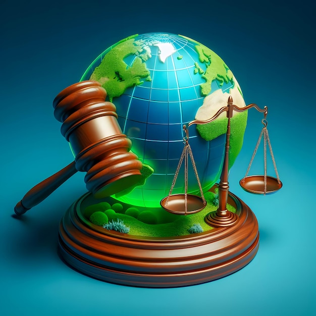 Green World and gavel with scales of justice