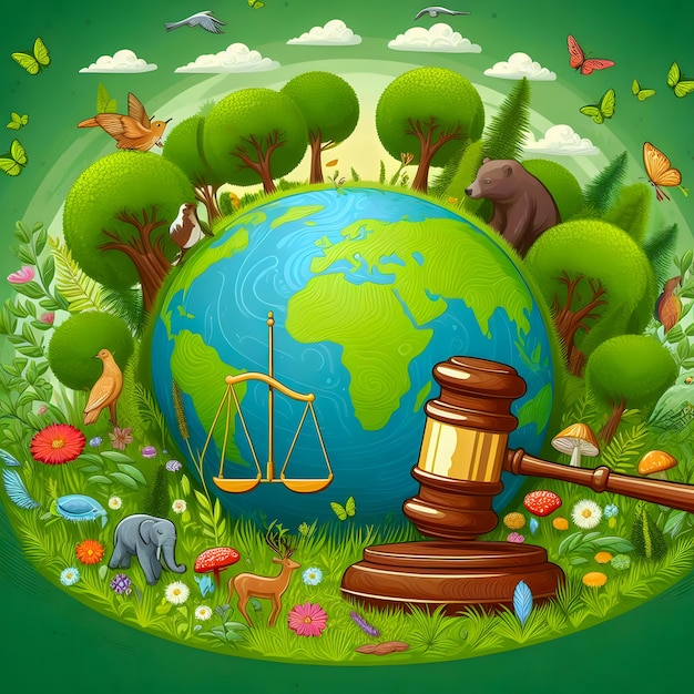 Green World and gavel with scales of justice