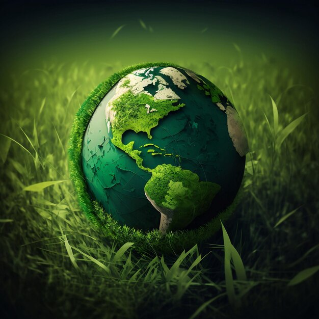 A green world globe with clearly defined continents set against a natural background of green grass Generative Ai