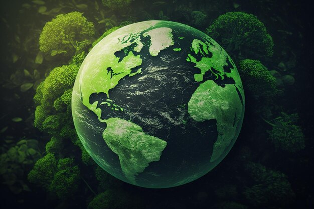 自然な緑の背景 AI に対して設定された大陸を持つ緑の地球儀