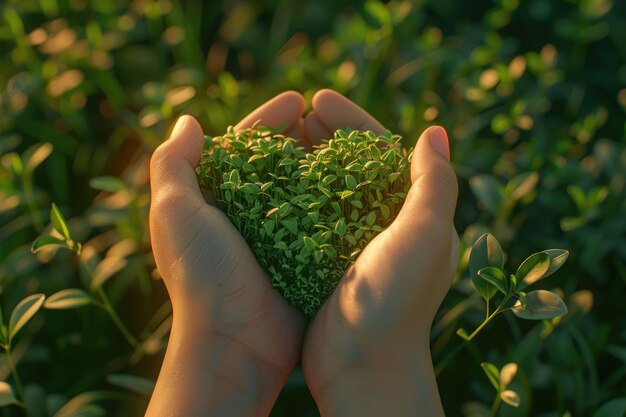 Зеленый мир в сердце рука трава на заднем плане