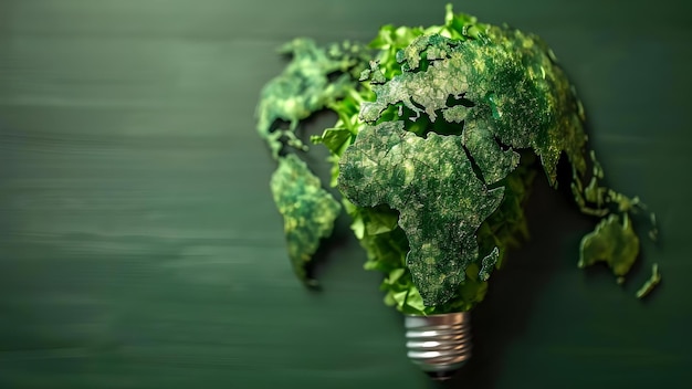 Green world map light bulb banner representing renewable energy and sustainability Concept Renewable Energy Sustainability Green World Map Light Bulb Banner Environmental Awareness