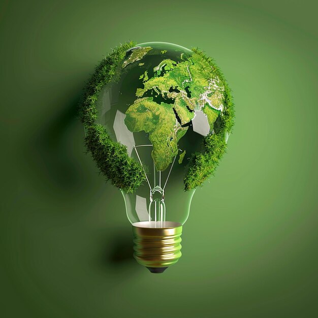 Photo green world map on light bulb with green background environmental renewable energy