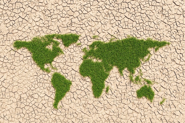 写真 乾燥した土地にある緑の世界地図