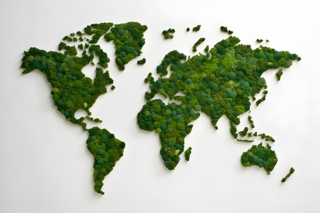 Green world map with the green leaves on it