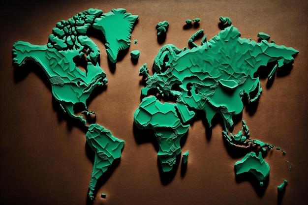 A green world map with the word world on it