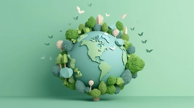 Green world paper cute style with copy space earth design Generative AI