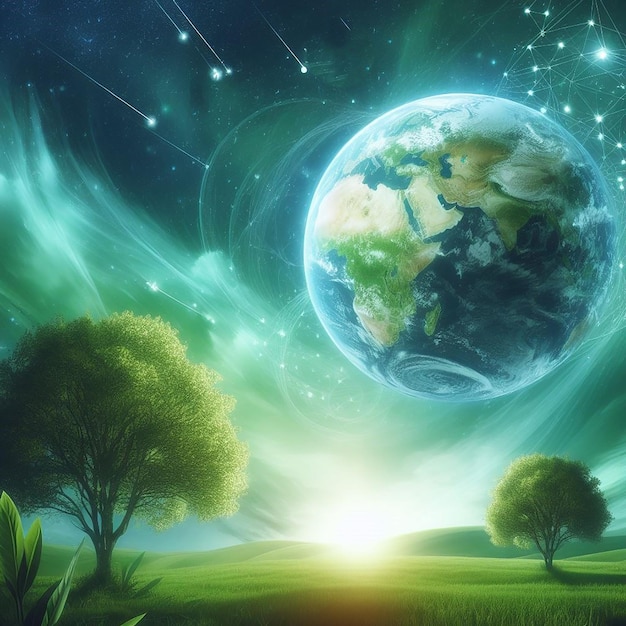 Зеленый мир с фоном дерева и шаром в небе