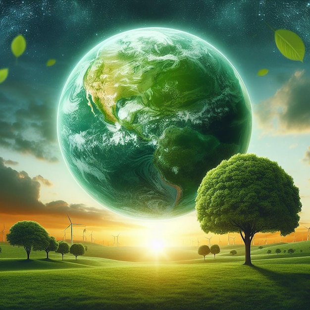Green world with a tree background and a glob in the sky