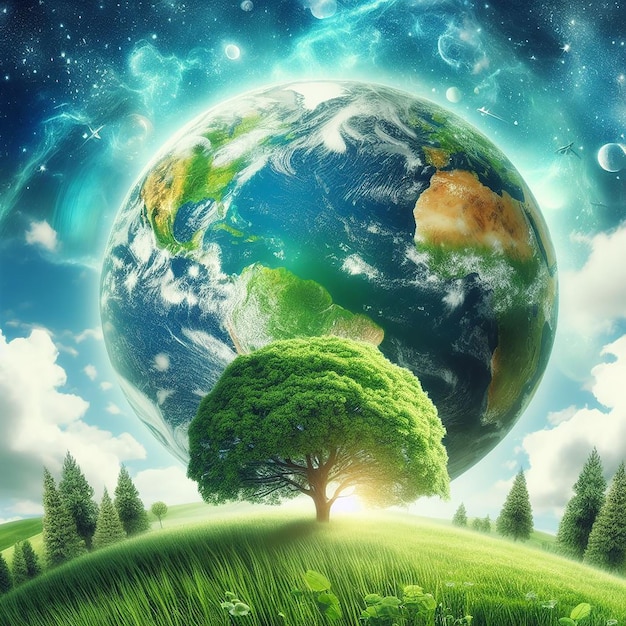 Green world with a tree background and a glob in the sky