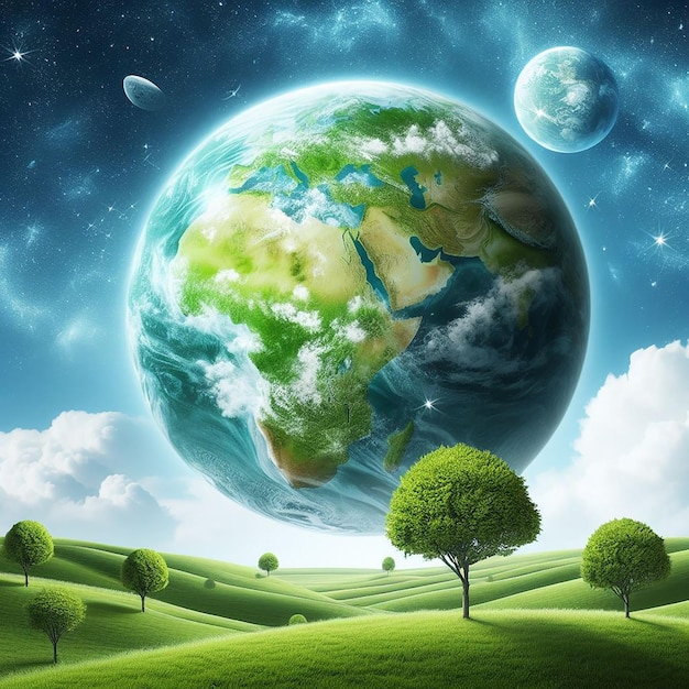 Зеленый мир с деревянным фоном и глобусом в небе