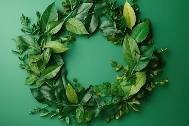 A green wreath with green leaves on a green background