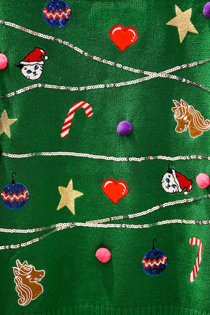 Green yarn sweater christmas design cat santa unicorn star balloon candy cane