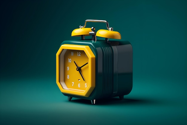 A green and yellow alarm clock