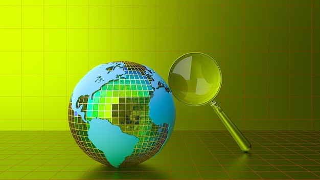 A green and yellow background with a globe and a magnifying glass