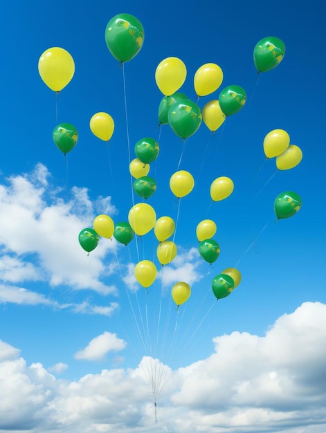 Foto palloncini verdi e gialli con cielo blu e nuvole