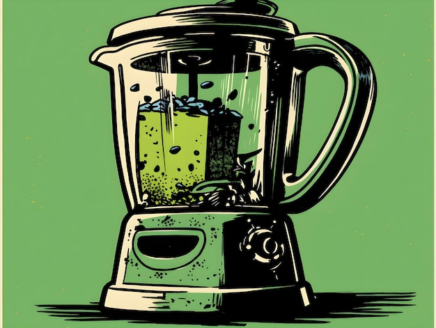 A green and yellow blender with a green background.