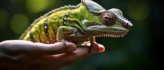 Foto un camaleonte verde e giallo seduto sulla mano di una persona