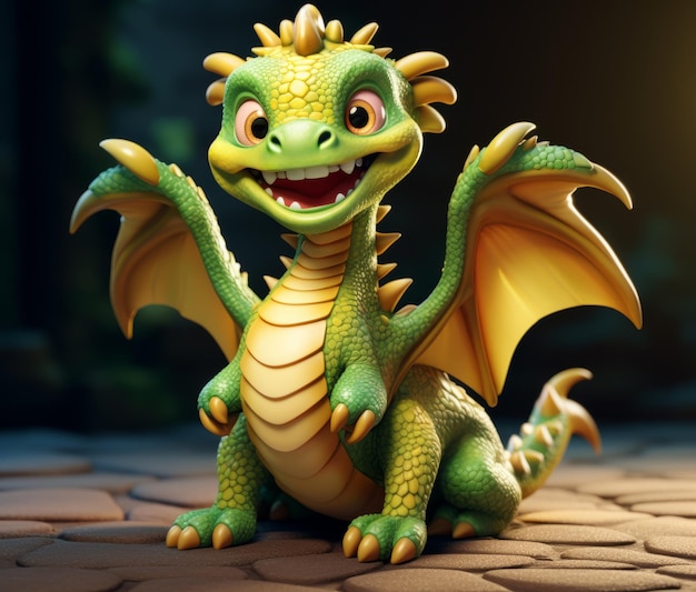 A green and yellow dragon sitting on a brick floor