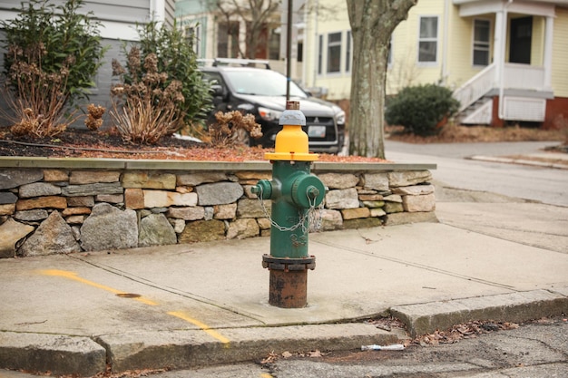 A green and yellow fire hydrant is on a sidewalk.