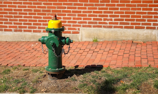 A green and yellow fire hydrant on a sidewalk next to a brick wall.