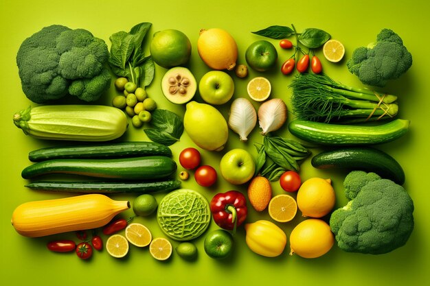 Green and yellow fruits and vegetables arranged against a matching painted background