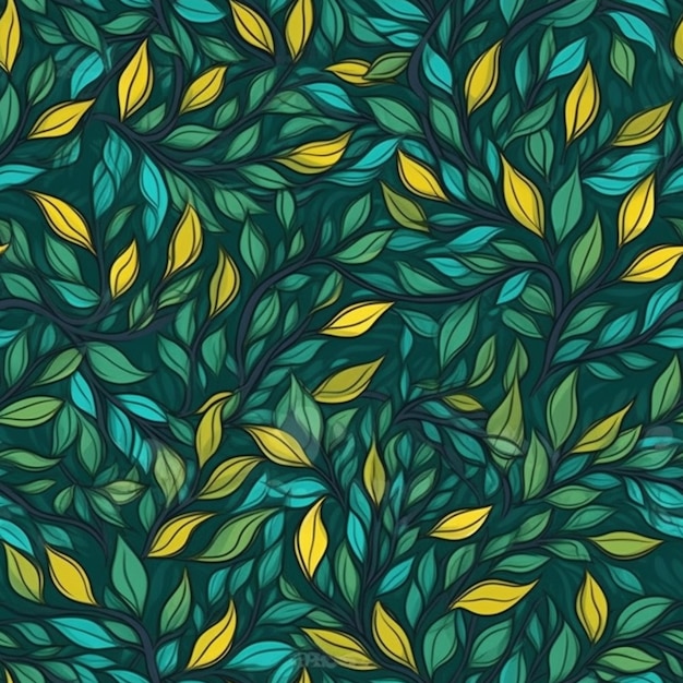 A green and yellow leaf pattern with a dark background generative ai