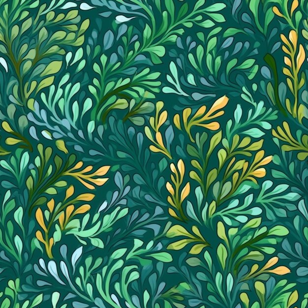 A green and yellow leafy pattern with a blue background generative ai