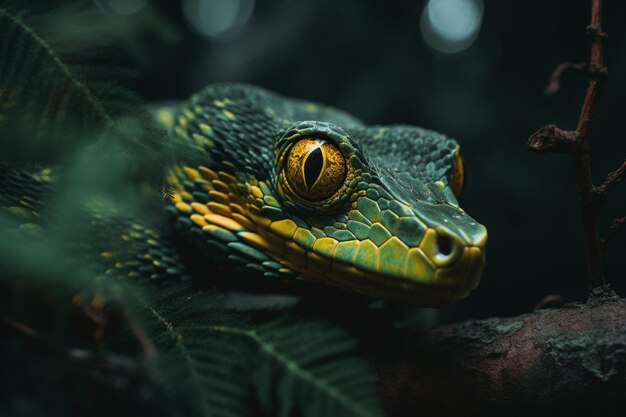 A green and yellow lizard with a green eye sits in a dark room.