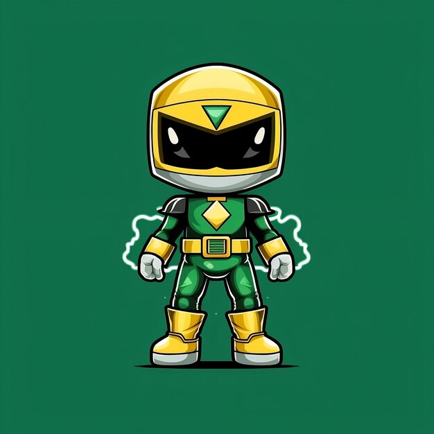 A green and yellow ninja warrior standing in front of a green background