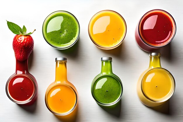 Green yellow orange and red smoothie in glass bottles isolated on white background top view