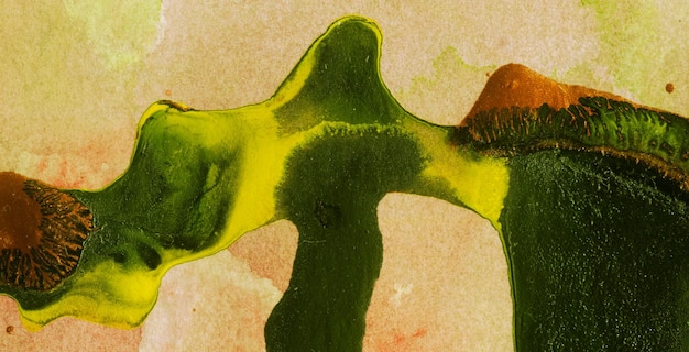 A green and yellow painting of a plant with a red spot on the top.