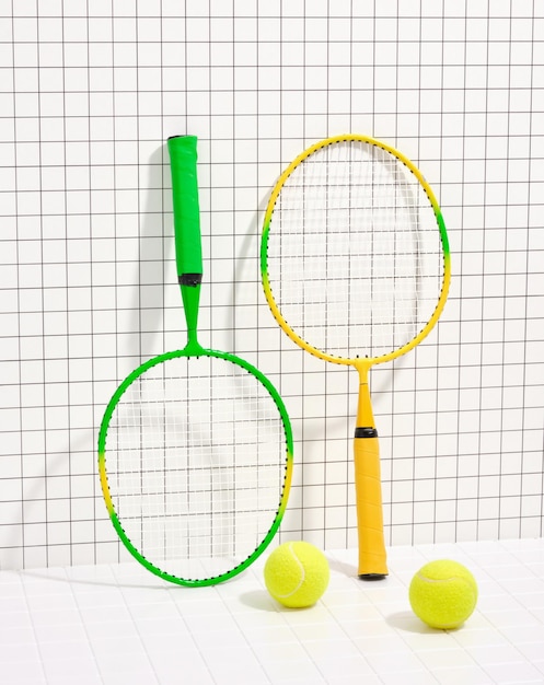 Green and yellow rackets Two bright yellow tennis balls Workout equipment