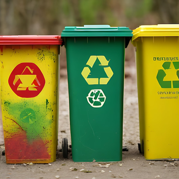 a green and yellow recycling bin with a red and yellow logo on it