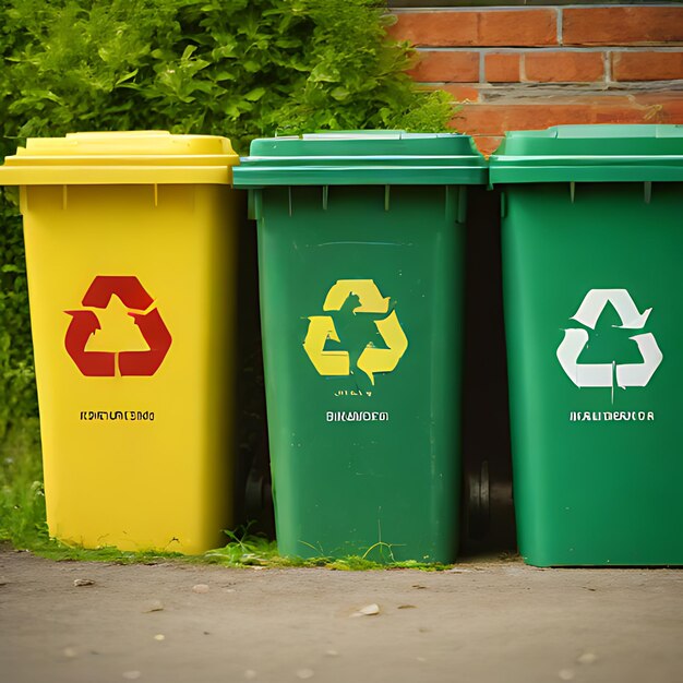 a green and yellow recycling bin with the word recyclable on it